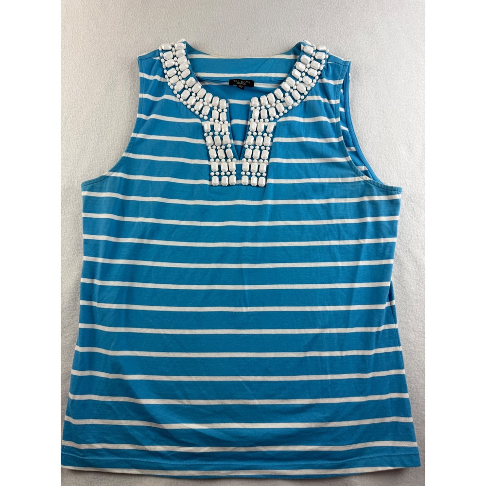 Talbots Striped Tank Top Beaded Neck Sleeveless Casual Blue White‎ Size L